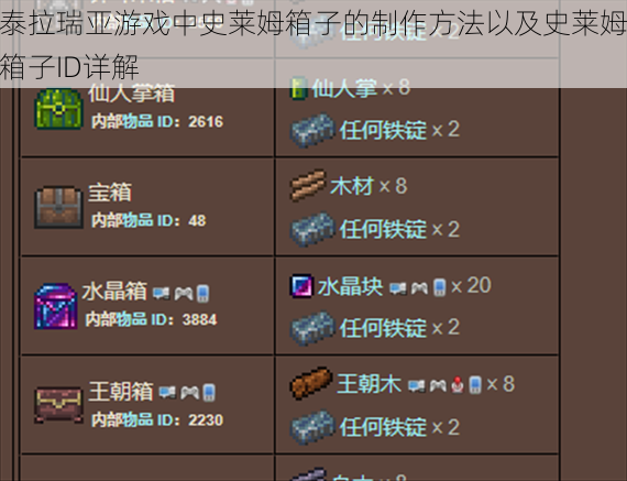 泰拉瑞亚游戏中史莱姆箱子的制作方法以及史莱姆箱子ID详解