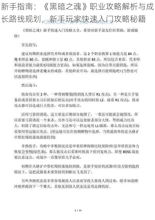 新手指南:《黑暗之魂》职业攻略解析与成长路线规划,新手玩家快速入门攻略秘籍