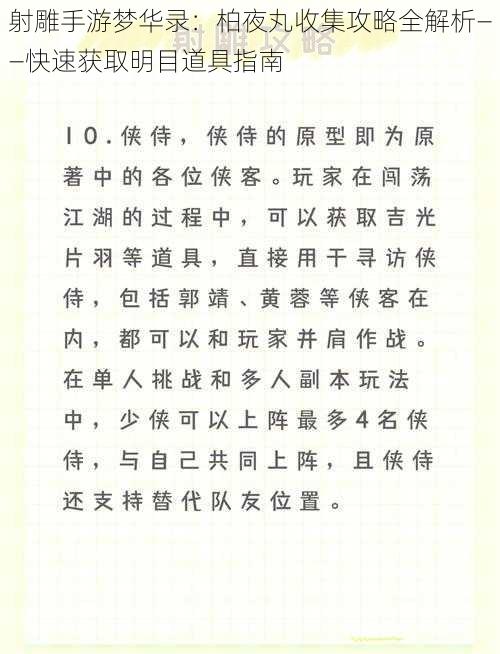 射雕手游梦华录:柏夜丸收集攻略全解析——快速获取明目道具指南