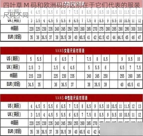 四叶草 M 码和欧洲码的区别在于它们代表的服装尺码不同
