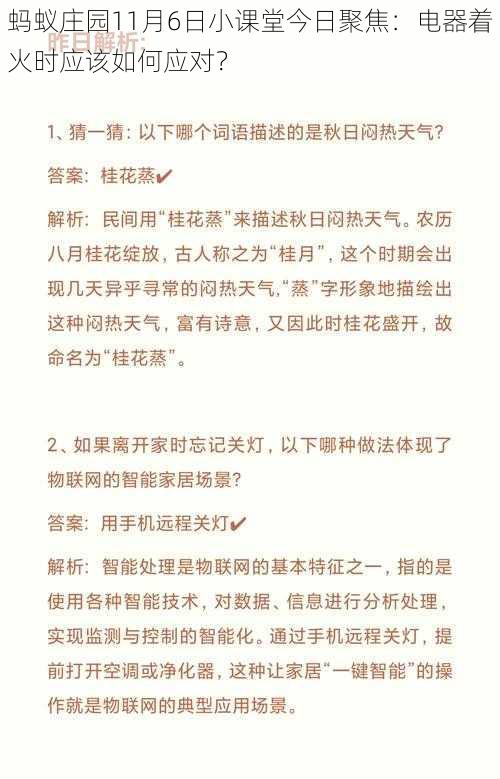 蚂蚁庄园11月6日小课堂今日聚焦:电器着火时应该如何应对?