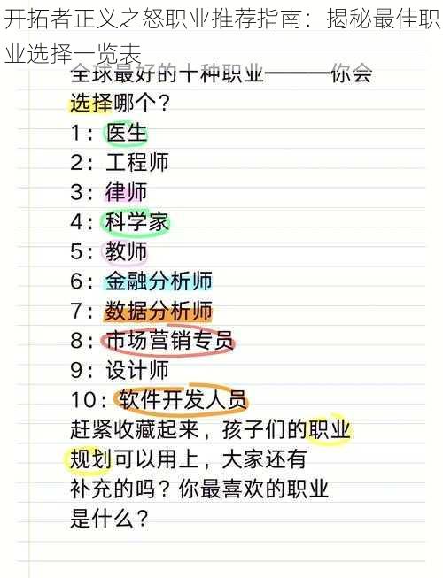 开拓者正义之怒职业推荐指南:揭秘最佳职业选择一览表