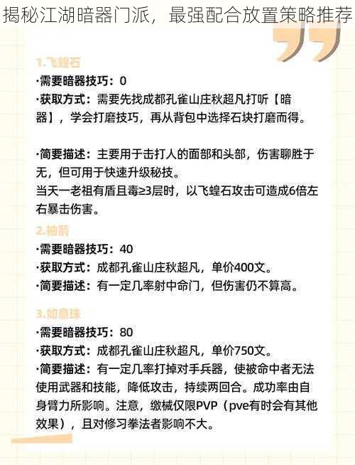 揭秘江湖暗器门派,最强配合放置策略推荐