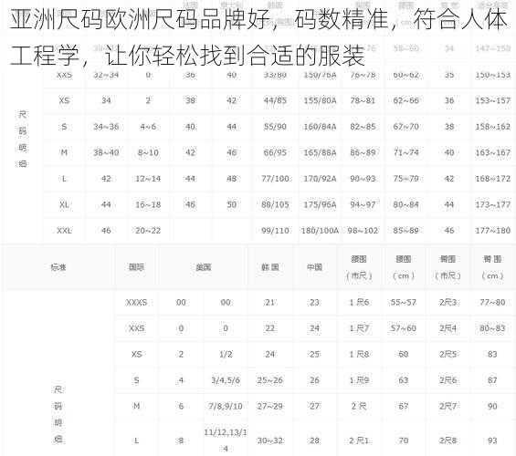 亚洲尺码欧洲尺码品牌好,码数精准,符合人体工程学,让你轻松找到合适的服装