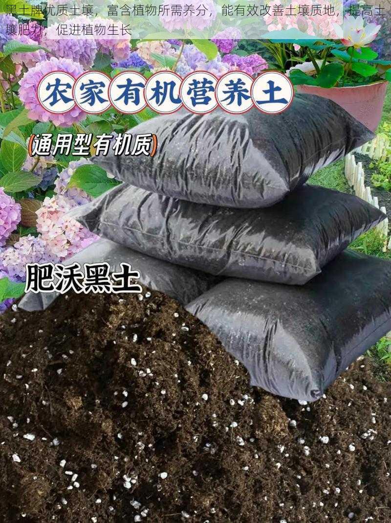 黑土牌优质土壤,富含植物所需养分,能有效改善土壤质地,提高土壤肥力,促进植物生长