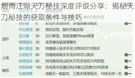 烟雨江湖天刀秘技深度评级分享:揭秘天刀秘技的获取条件与技巧