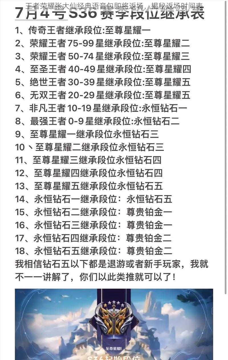 王者荣耀张大仙经典语音包即将返场,揭秘返场时间表