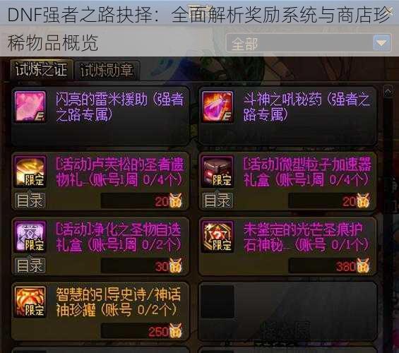 DNF强者之路抉择:全面解析奖励系统与商店珍稀物品概览