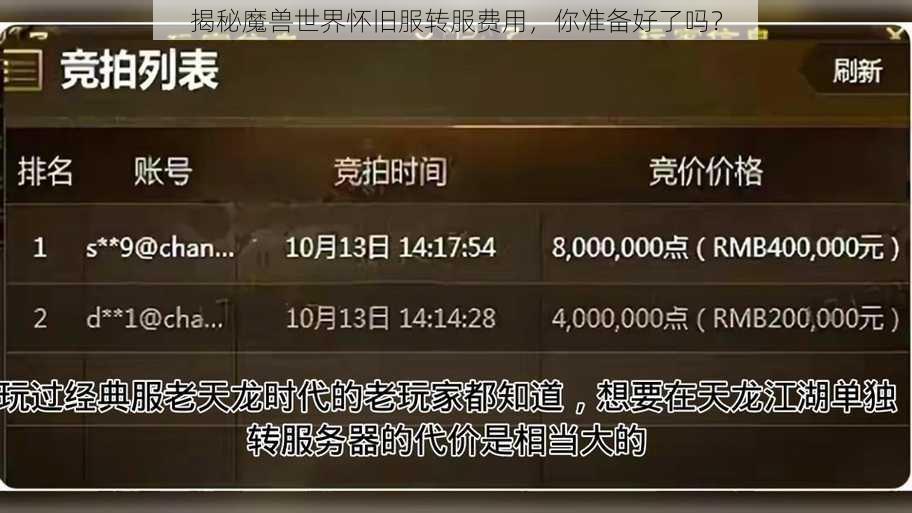 揭秘魔兽世界怀旧服转服费用,你准备好了吗?