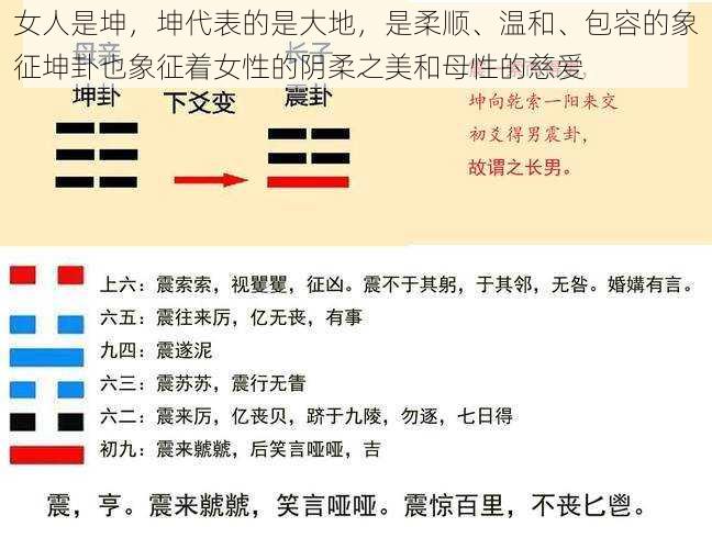 女人是坤,坤代表的是大地,是柔顺、温和、包容的象征坤卦也象征着女性的阴柔之美和母性的慈爱