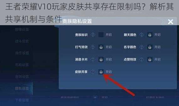 王者荣耀V10玩家皮肤共享存在限制吗?解析其共享机制与条件