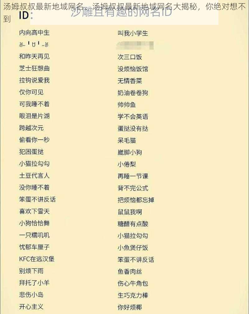 汤姆叔叔最新地域网名、汤姆叔叔最新地域网名大揭秘,你绝对想不到