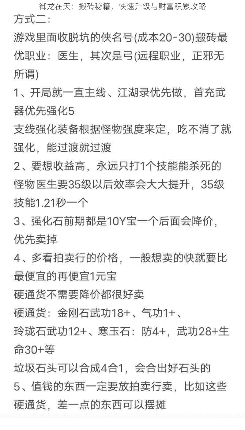 御龙在天：搬砖秘籍，快速升级与财富积累攻略