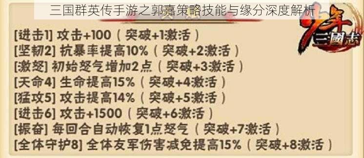 三国群英传手游之郭嘉策略技能与缘分深度解析