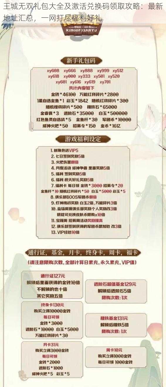 王城无双礼包大全及激活兑换码领取攻略:最新地址汇总,一网打尽福利好礼